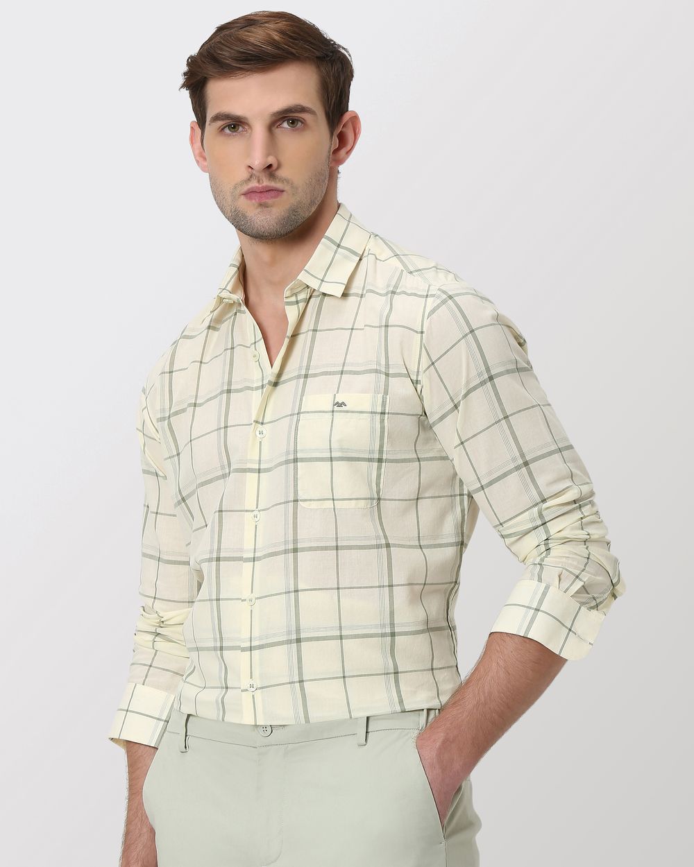 Light Green Large Check Slim Fit Casual Shirt