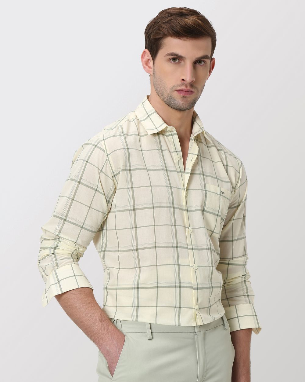 Light Green Large Check Slim Fit Casual Shirt