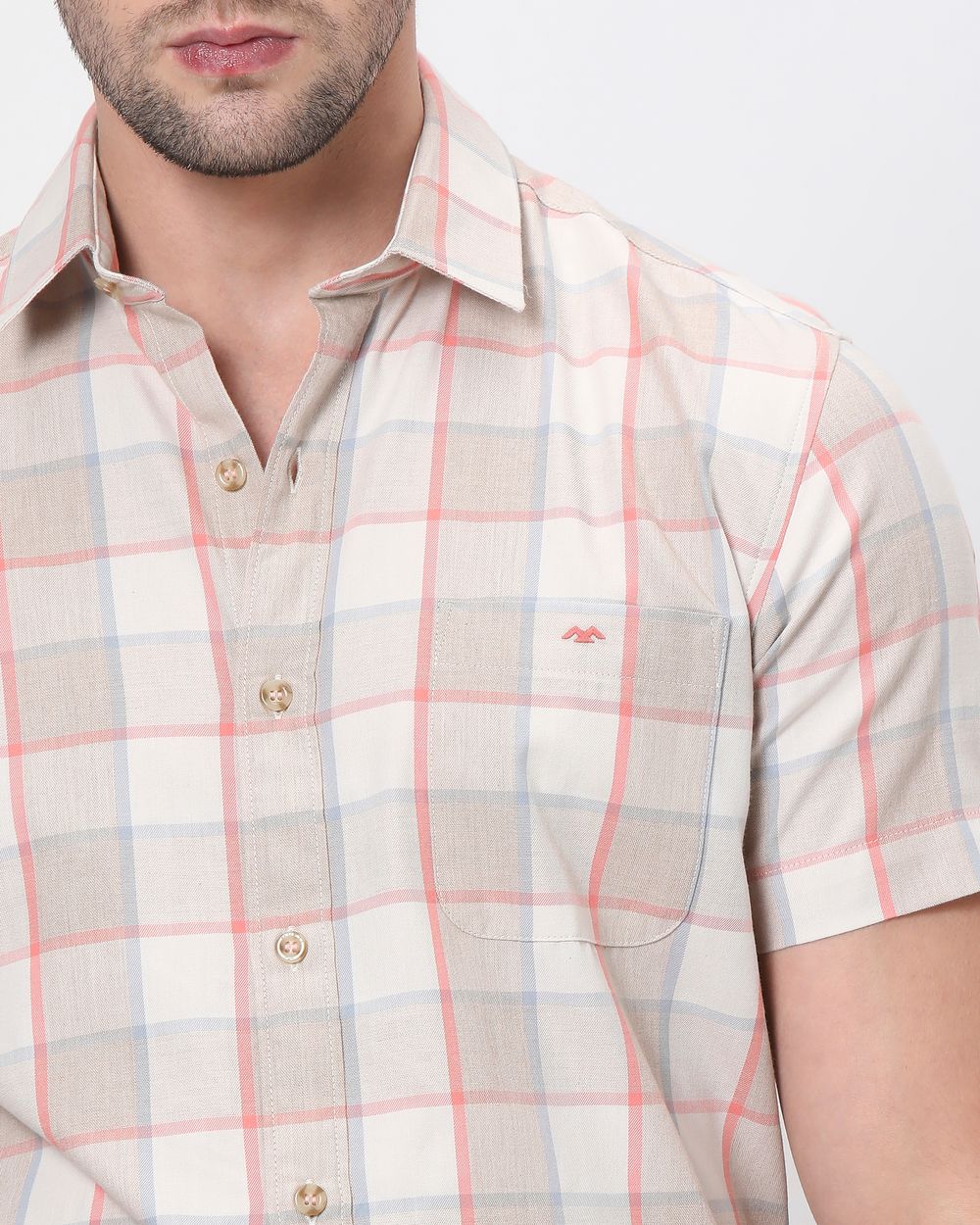 Light Khaki Square Check Slim Fit Casual Shirt