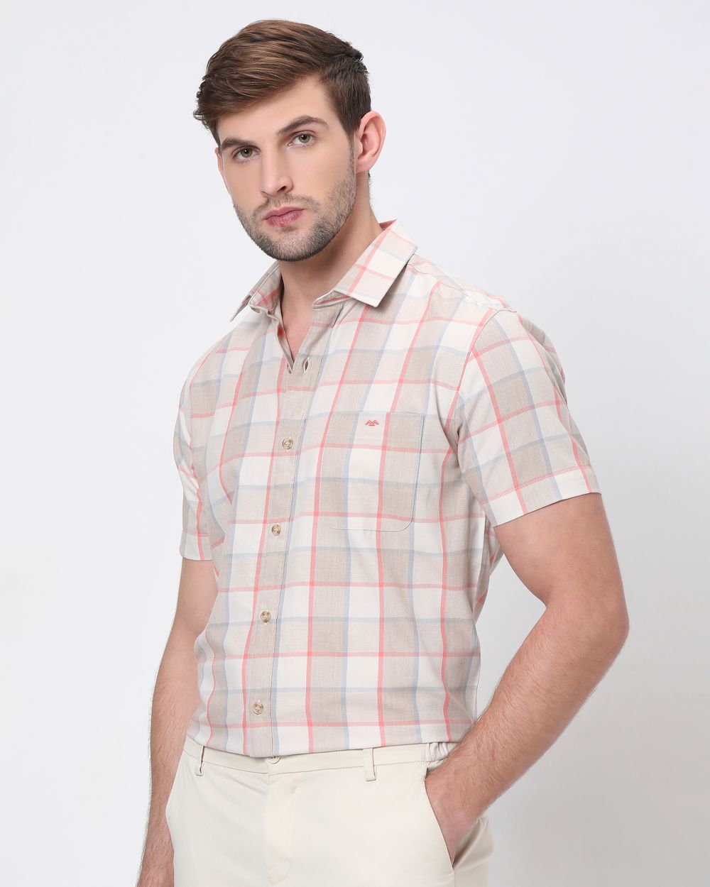 Light Khaki Square Check Slim Fit Casual Shirt