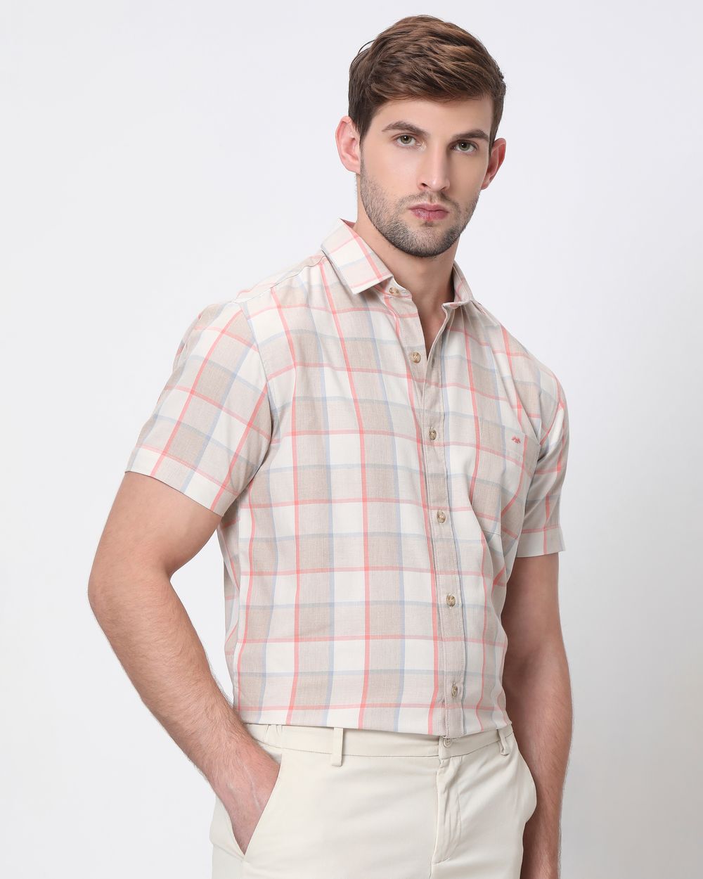 Light Khaki Square Check Slim Fit Casual Shirt