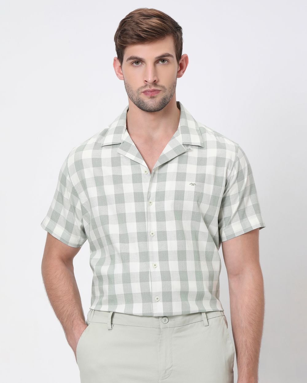 Light Green Square Check Relaxed Fit Casual Shirt
