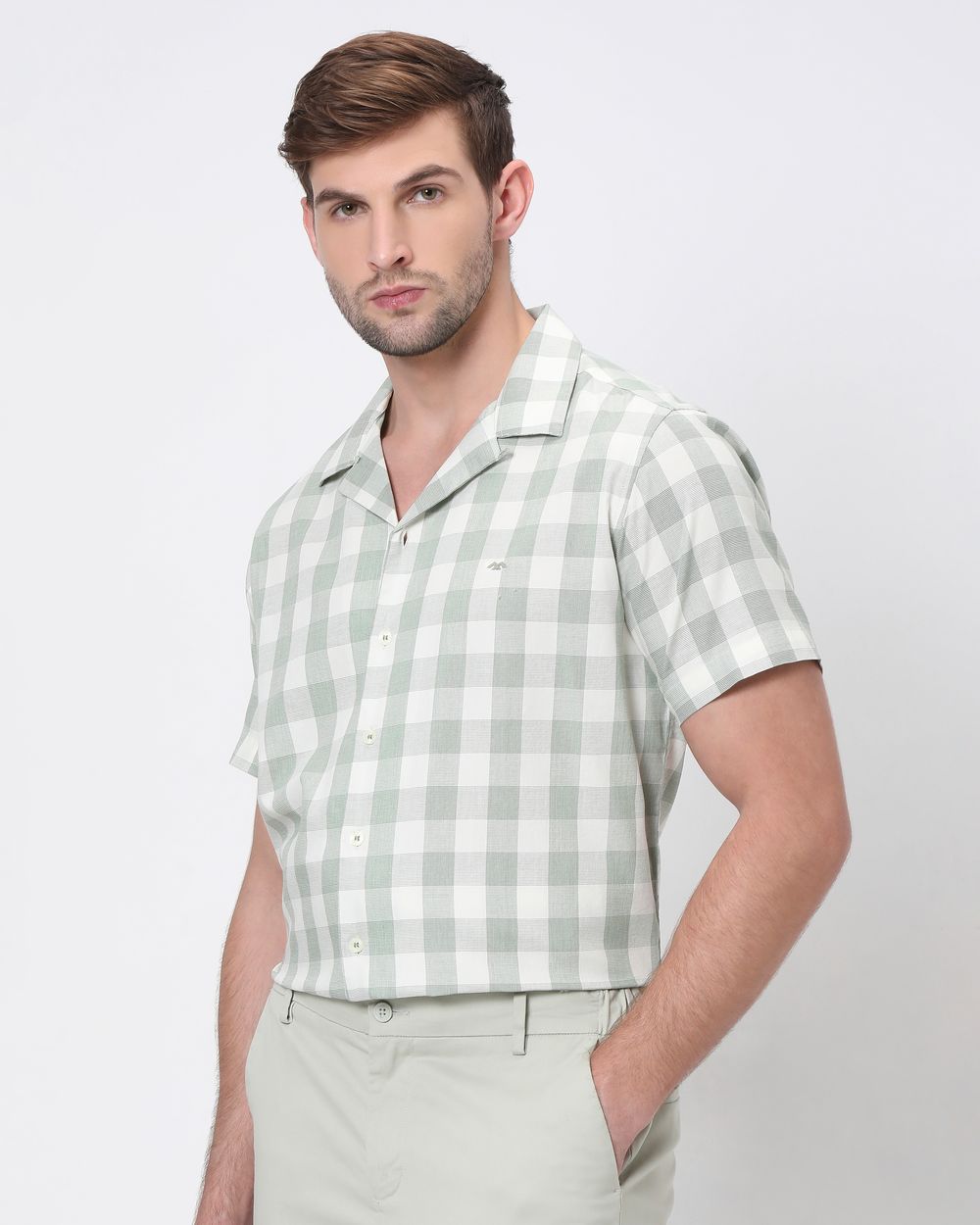 Light Green Square Check Relaxed Fit Casual Shirt