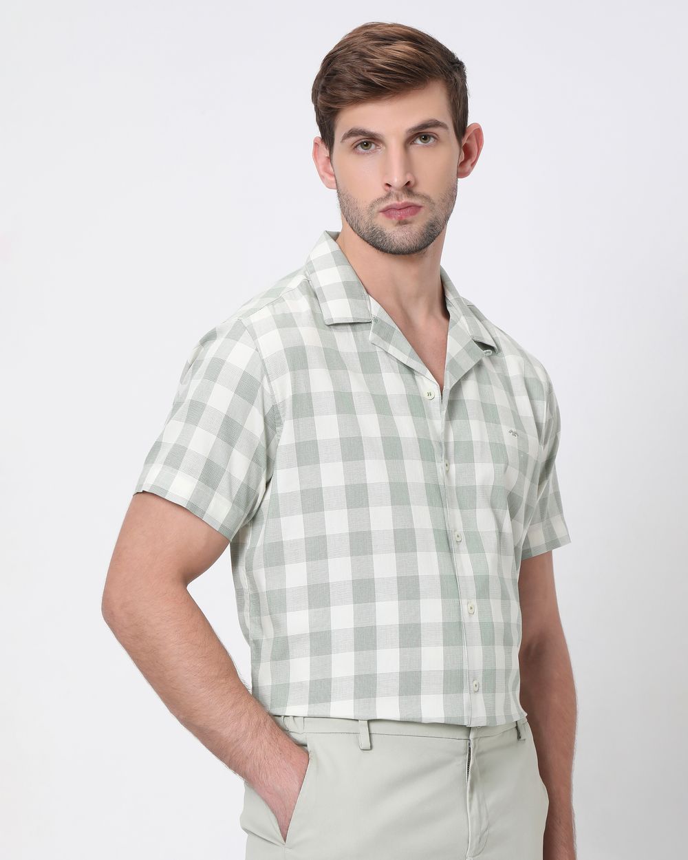 Light Green Square Check Relaxed Fit Casual Shirt