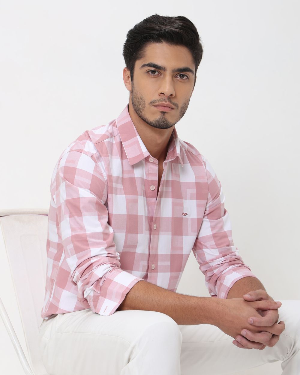 Pink Large Check Slim Fit Casual Shirt