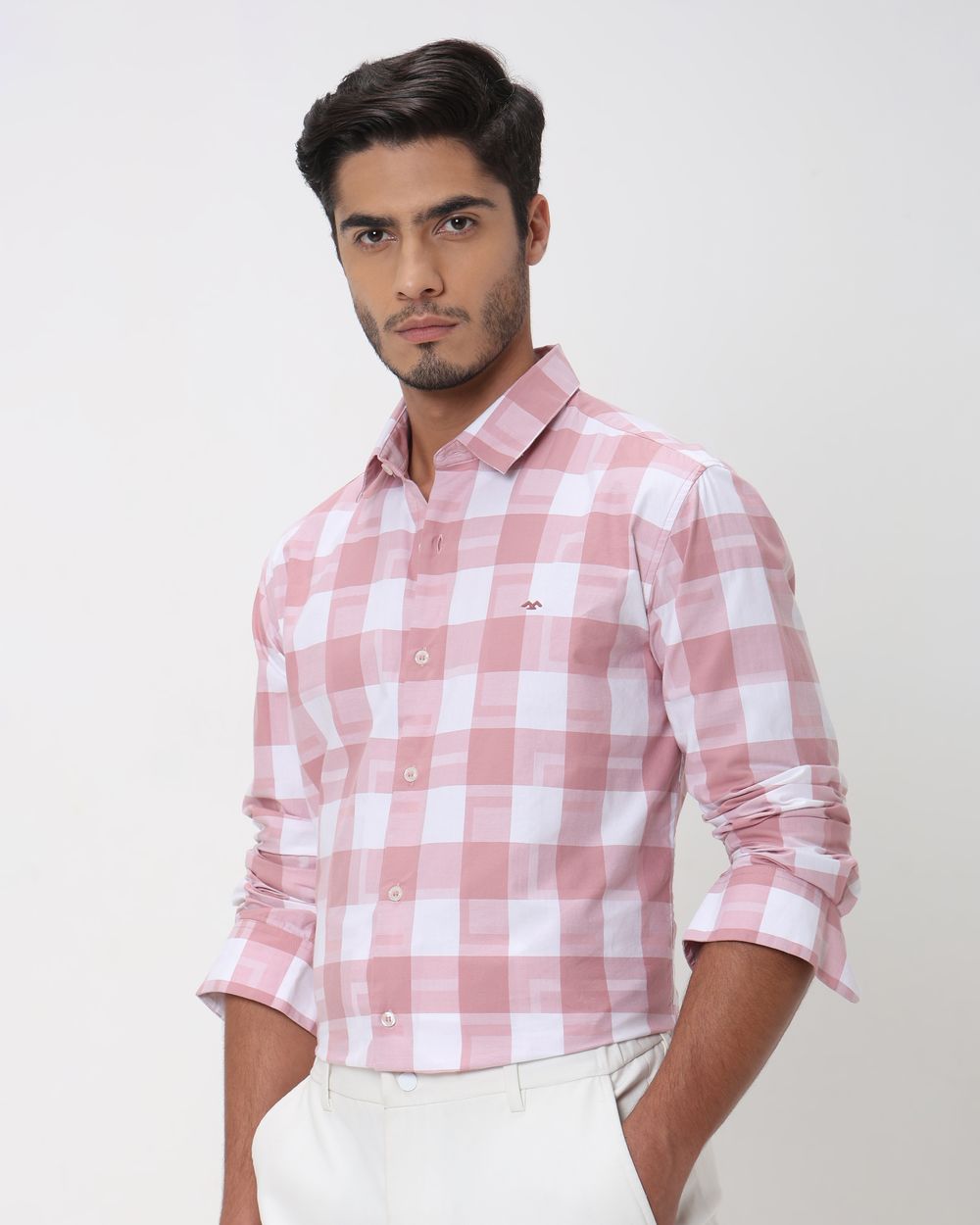 Pink Large Check Slim Fit Casual Shirt