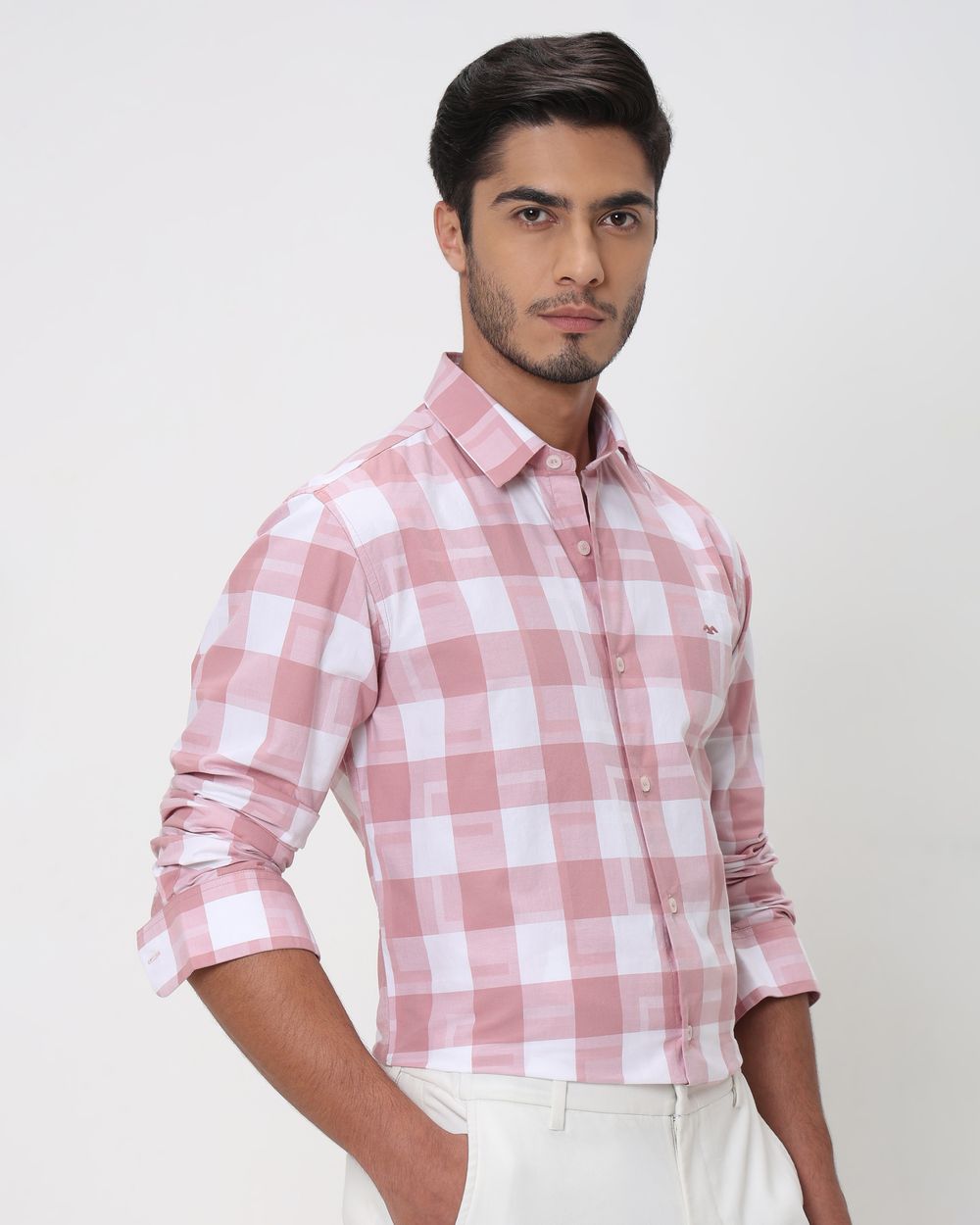 Pink Large Check Slim Fit Casual Shirt