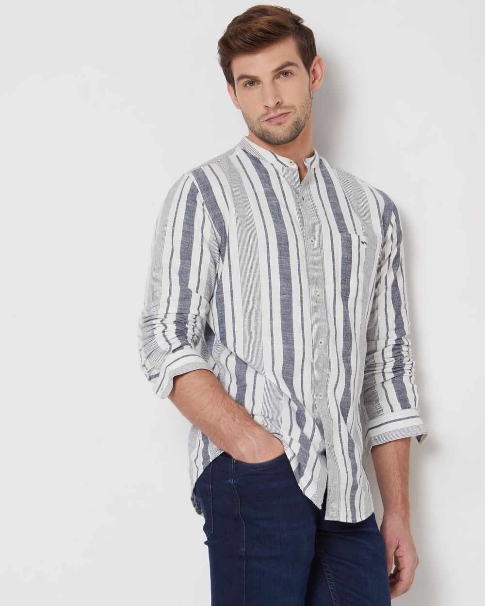 Navy & White Broad Stripe Slim Fit Casual Shirt