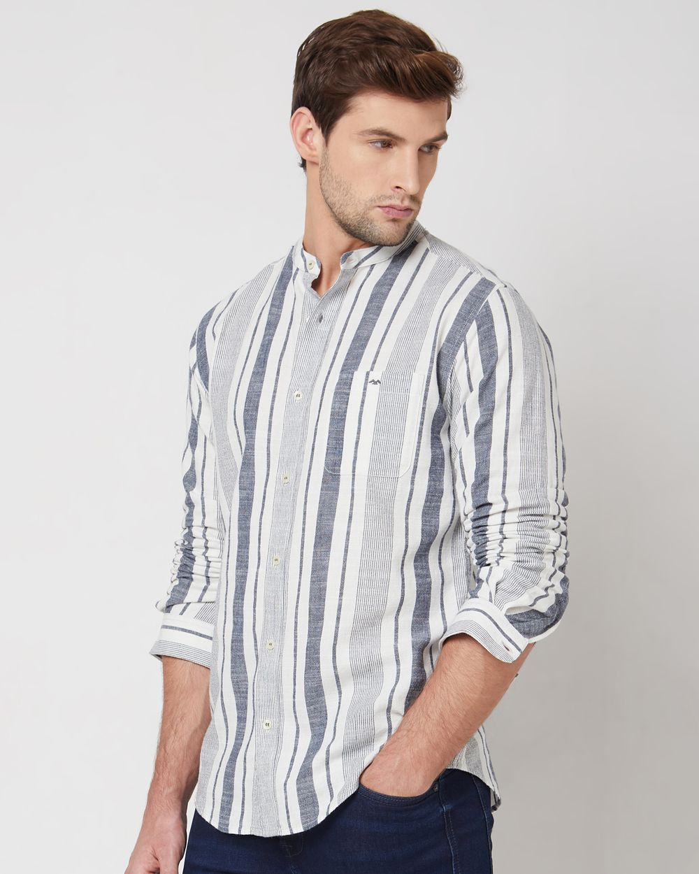 Navy & White Broad Stripe Slim Fit Casual Shirt