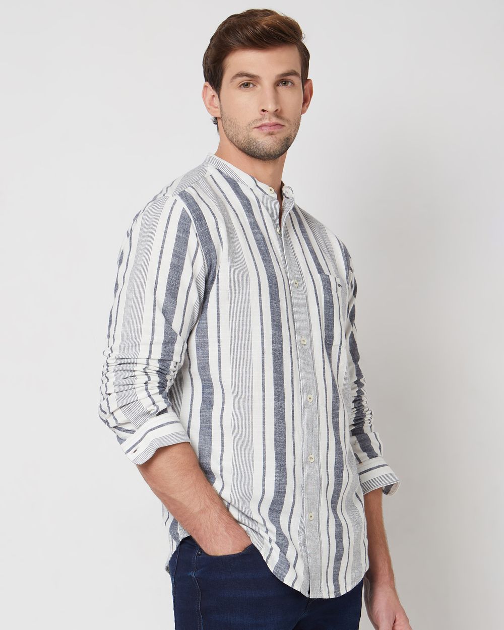 Navy & White Broad Stripe Slim Fit Casual Shirt