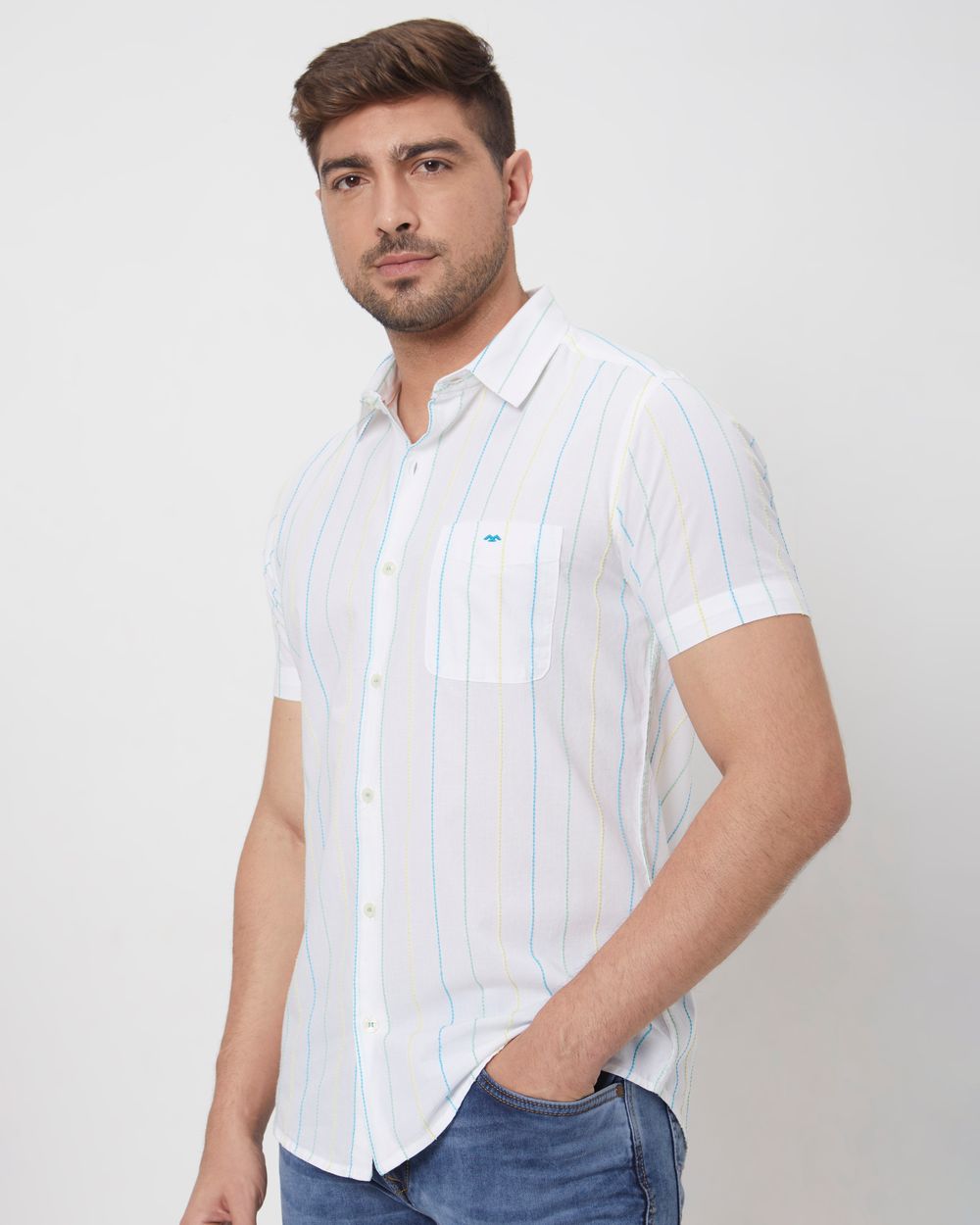 White Textured Stripe Slim Fit Casual Shirt