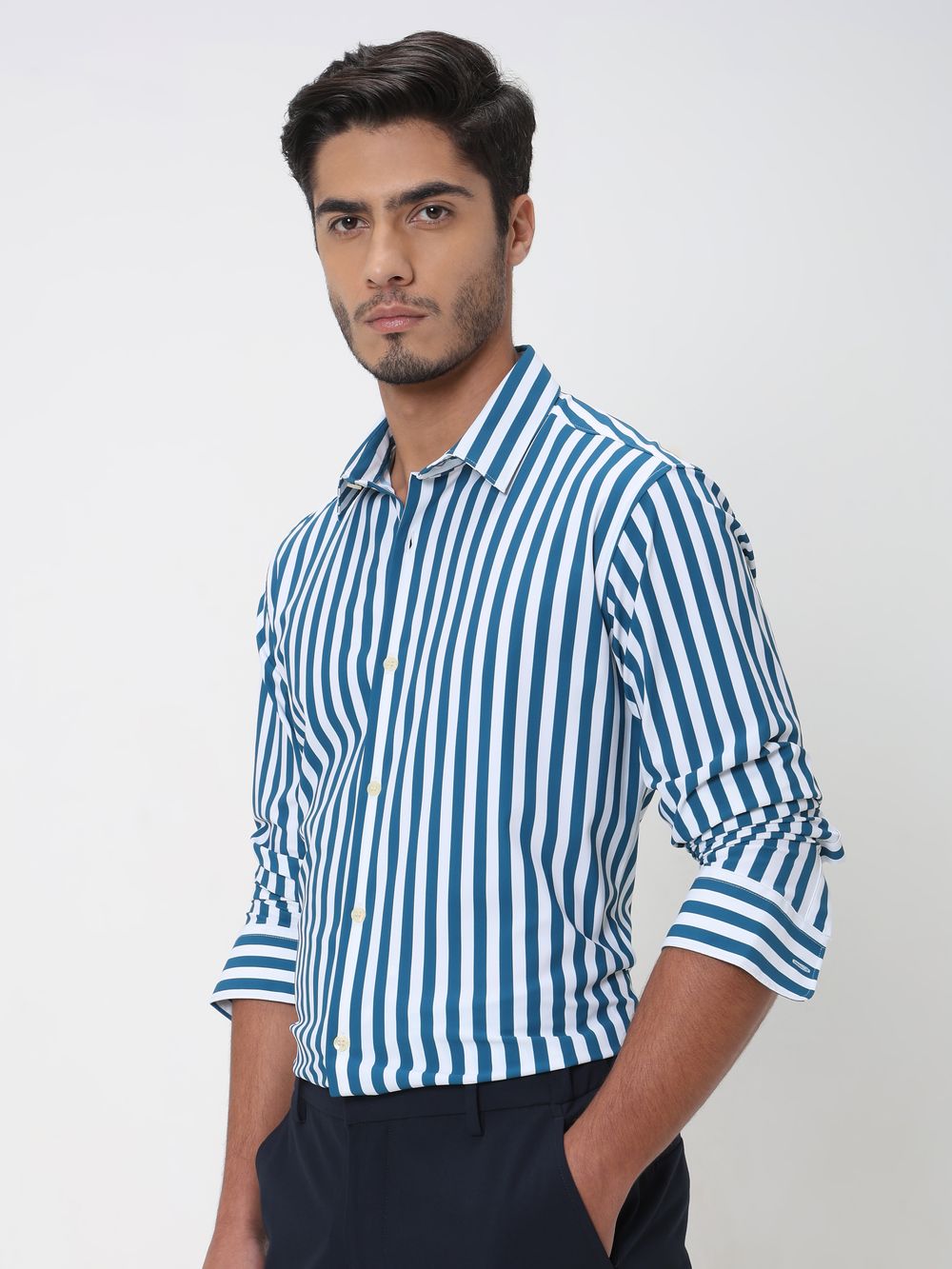 Green Candy Stripe Slim Fit Casual Shirt