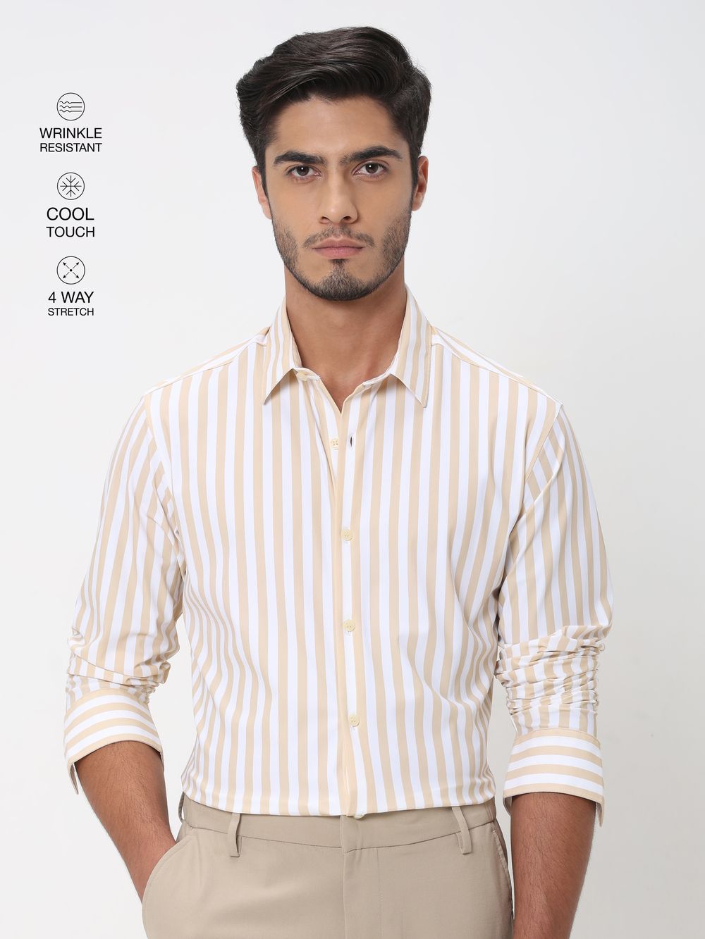 Beige Candy Stripe Slim Fit Casual Shirt
