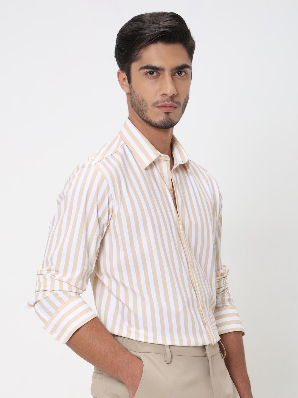 Beige Candy Stripe Slim Fit Casual Shirt