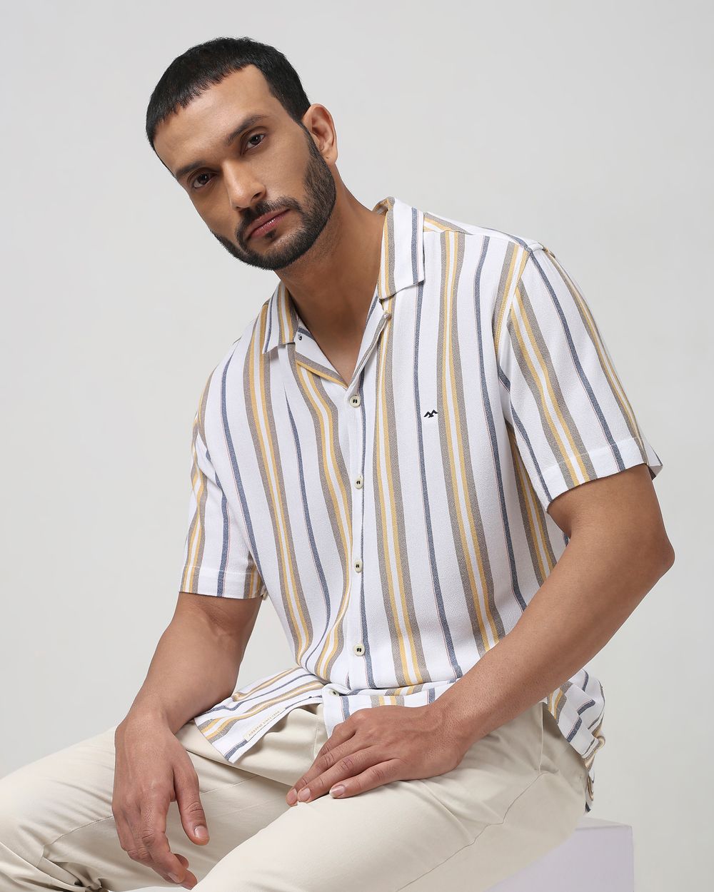 White Textured Stripe Relaxed Fit Casual Shirt