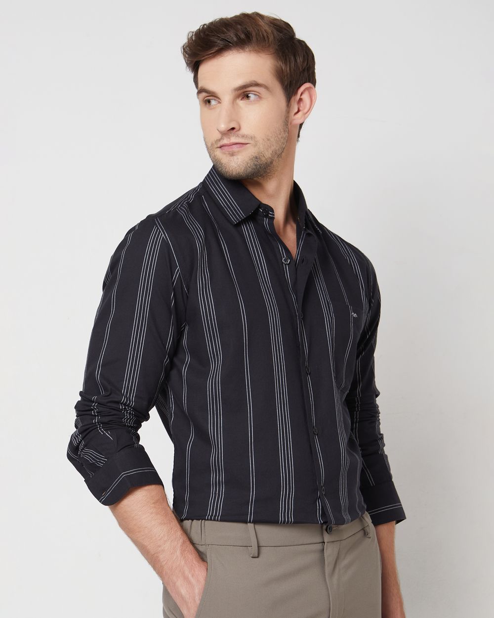Black Pin Stripe Slim Fit Casual Shirt