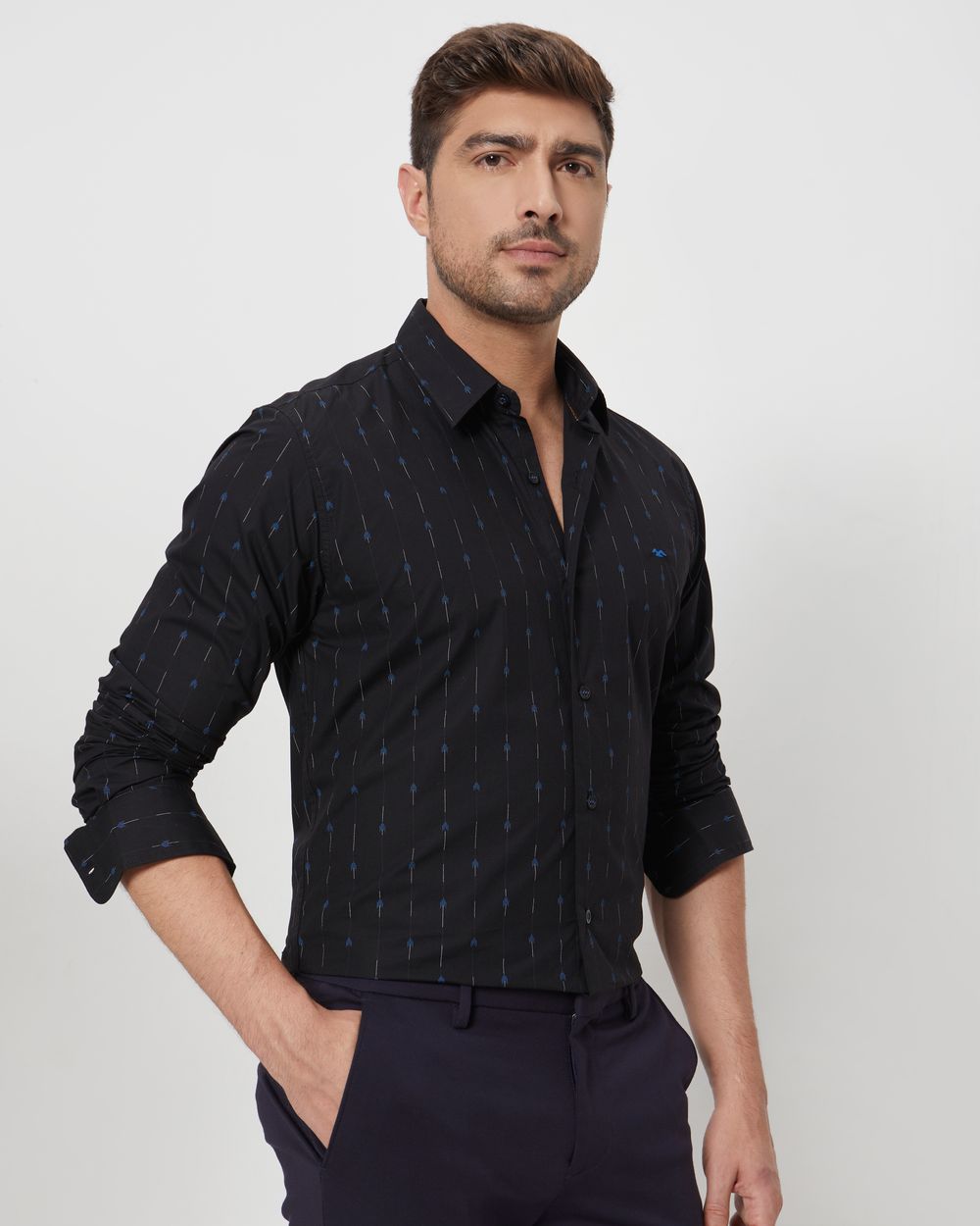 Black Printed Stripe Slim Fit Casual Shirt