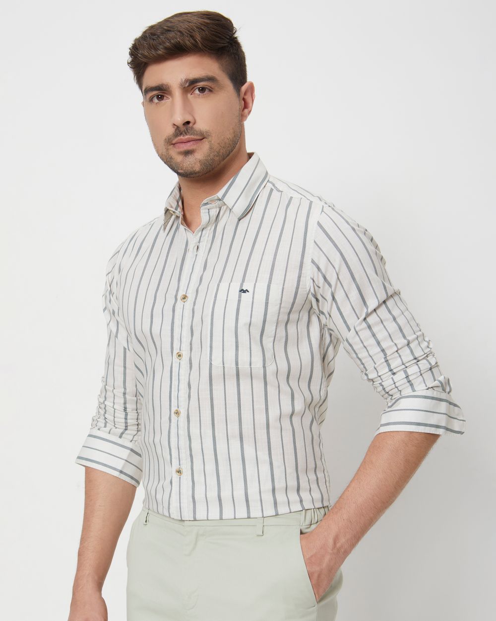 Off White Printed Stripe Slim Fit Casual Shirt