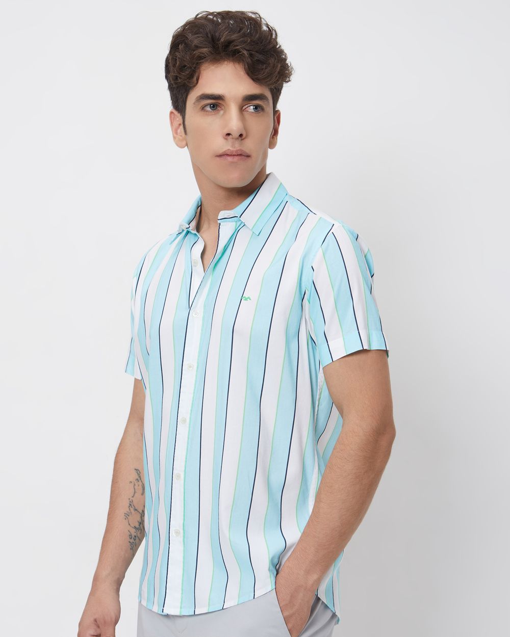 Turquoise Awning Stripe Slim Fit Casual Shirt
