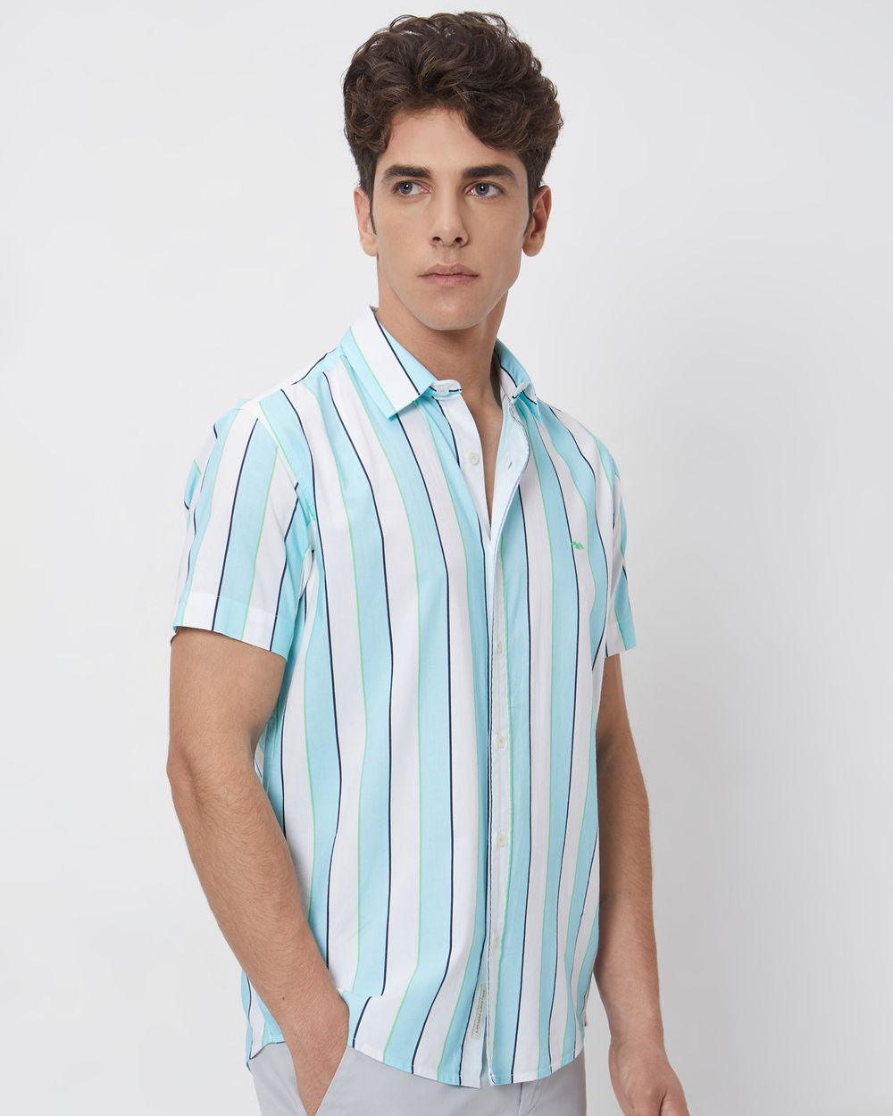 Turquoise Awning Stripe Slim Fit Casual Shirt