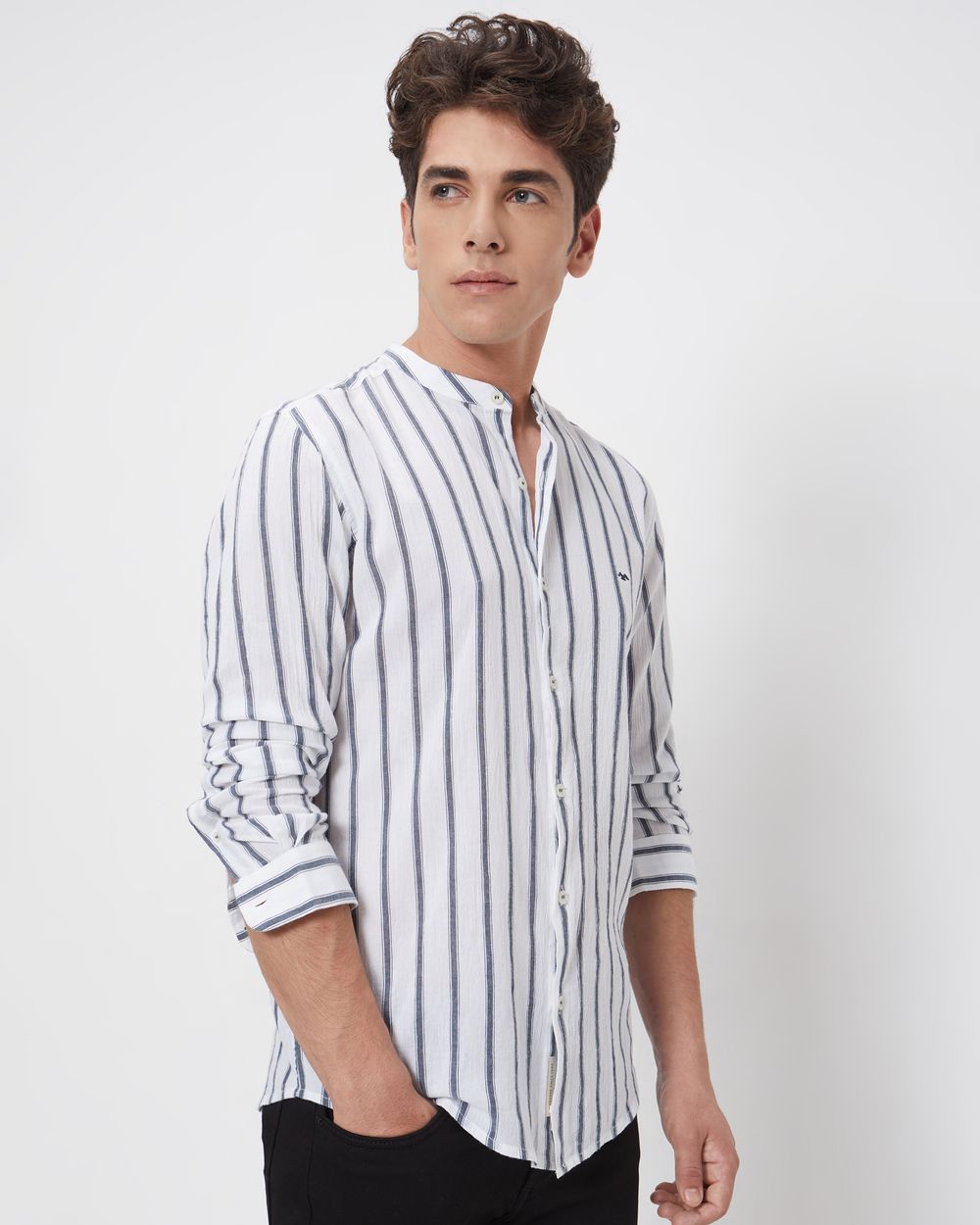Navy Textured Stripe Slim Fit Casual Shirt