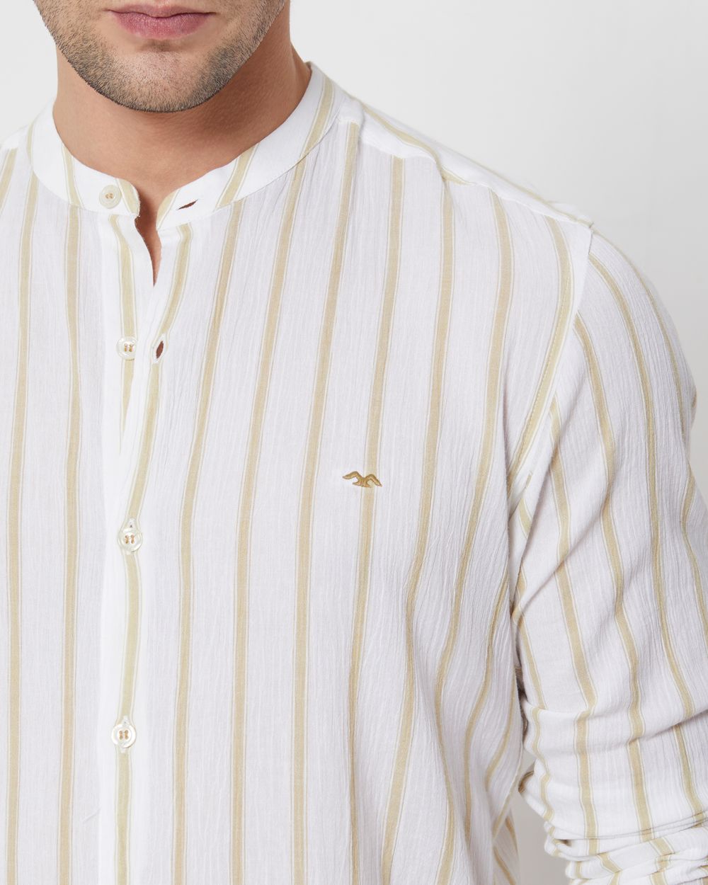 Beige Textured Stripe Slim Fit Casual Shirt