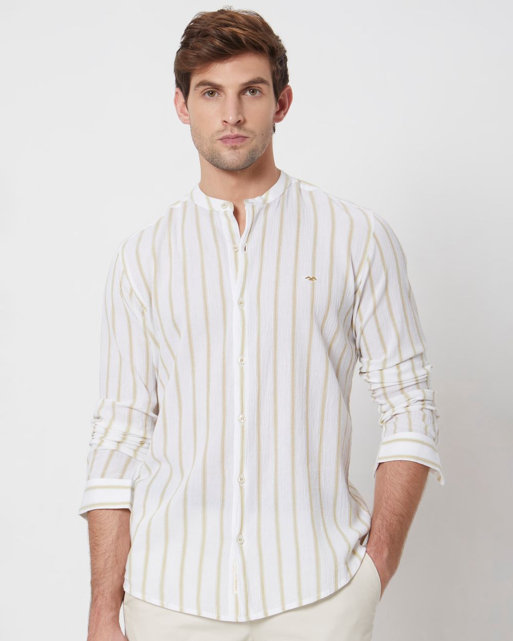 Beige Textured Stripe Slim Fit Casual Shirt