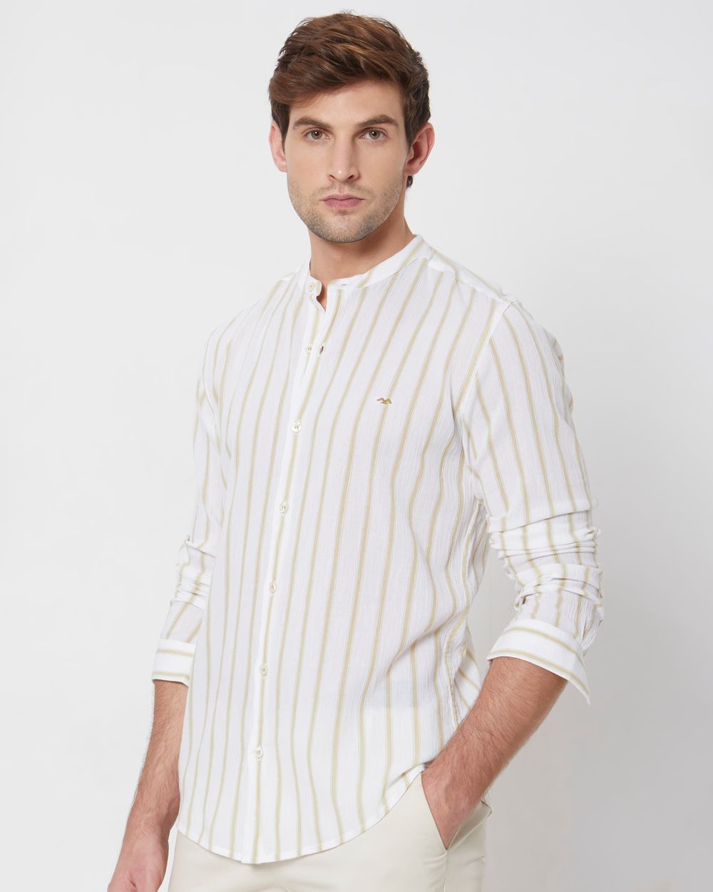 Beige Textured Stripe Slim Fit Casual Shirt