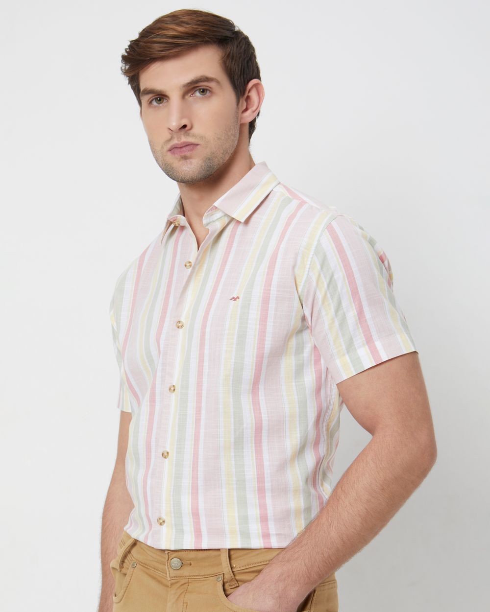 Pastel Pink Printed Stripe Slim Fit Casual Shirt