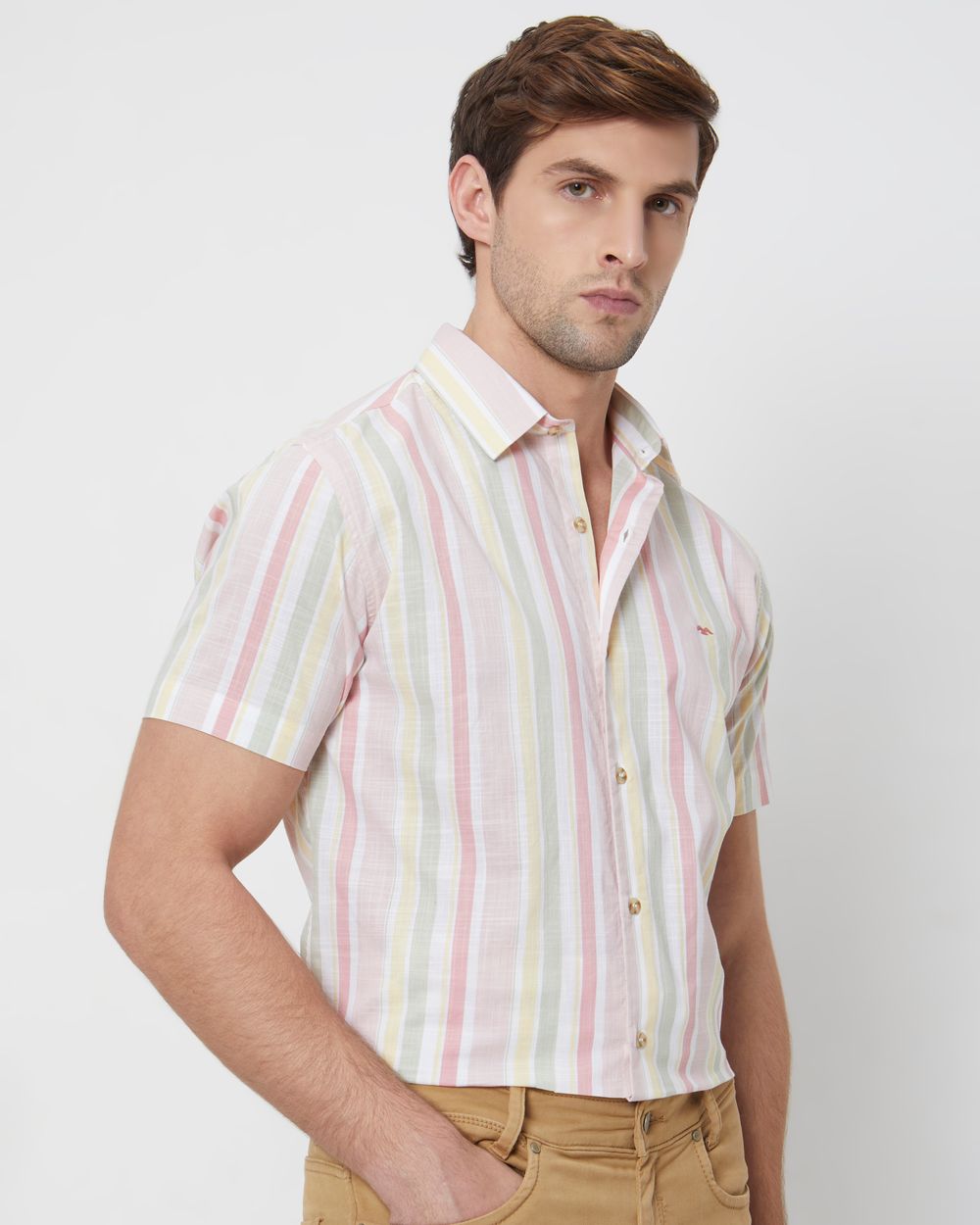 Pastel Pink Printed Stripe Slim Fit Casual Shirt