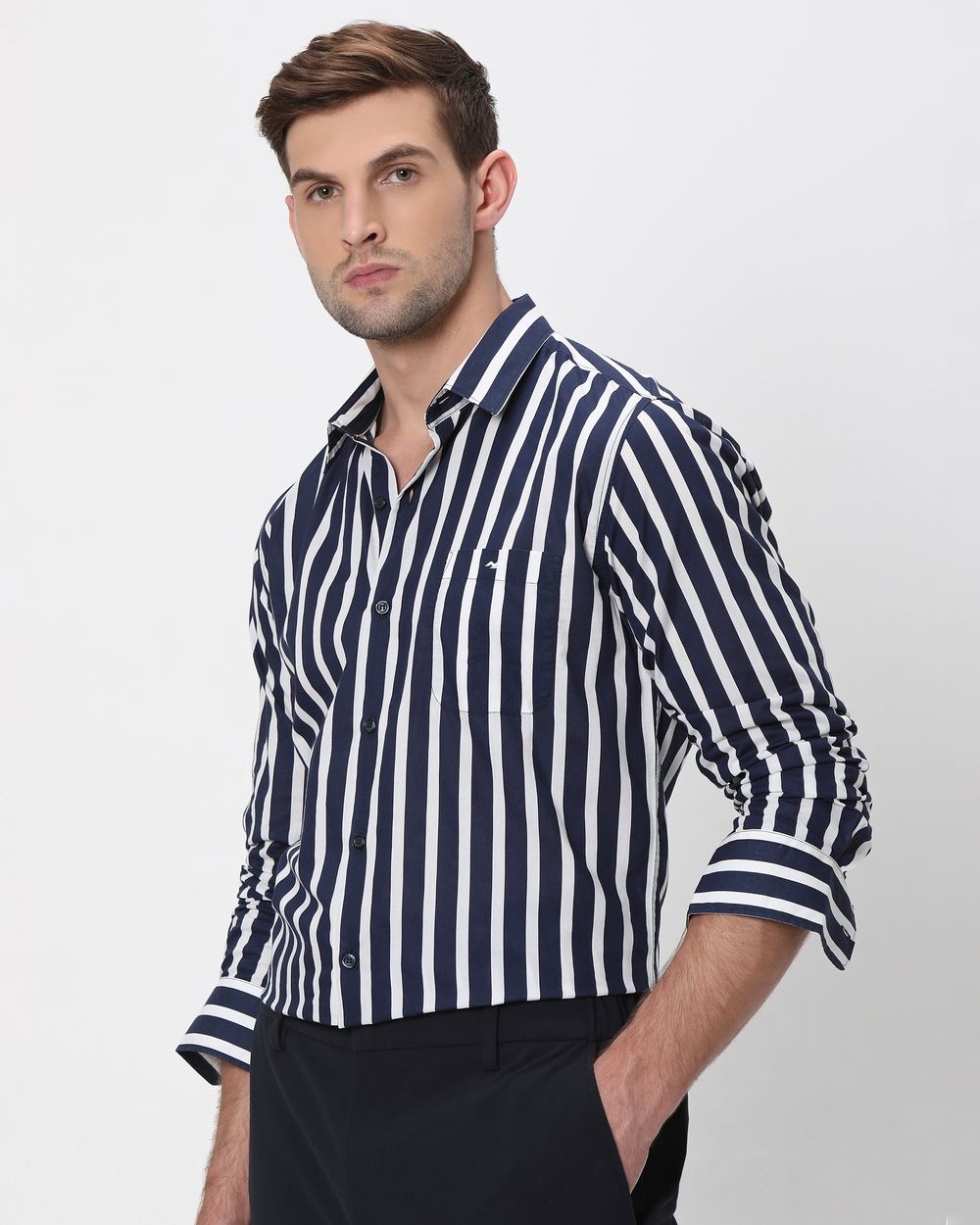 Navy Awning Stripe Slim Fit Casual Shirt