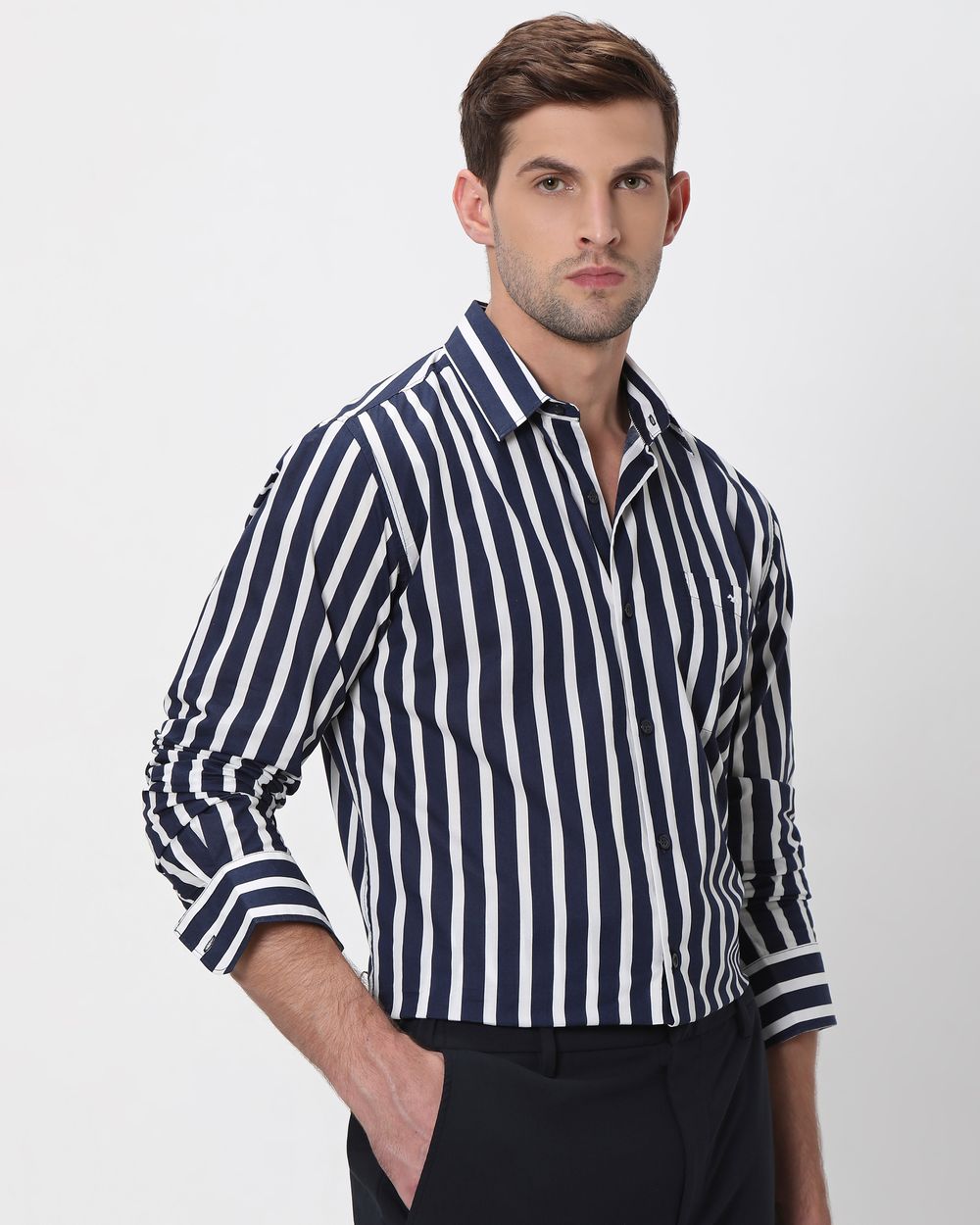 Navy Awning Stripe Slim Fit Casual Shirt