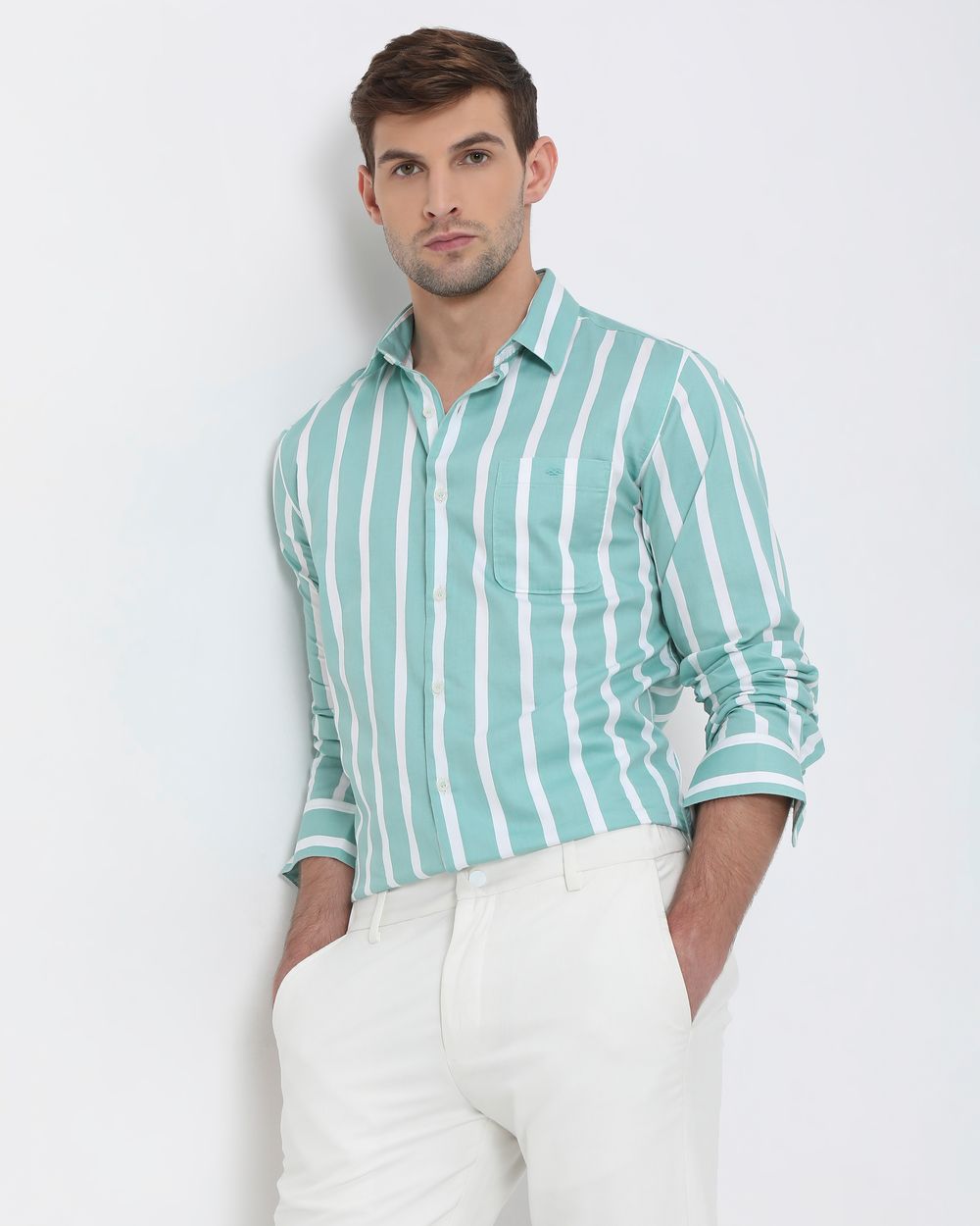 Teal Awning Stripe Slim Fit Casual Shirt