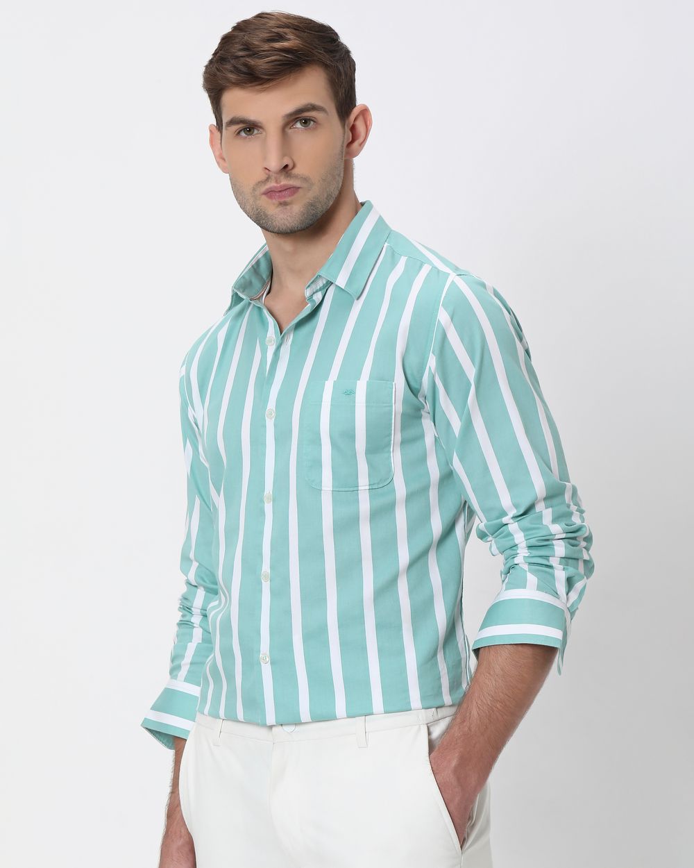 Teal Awning Stripe Slim Fit Casual Shirt