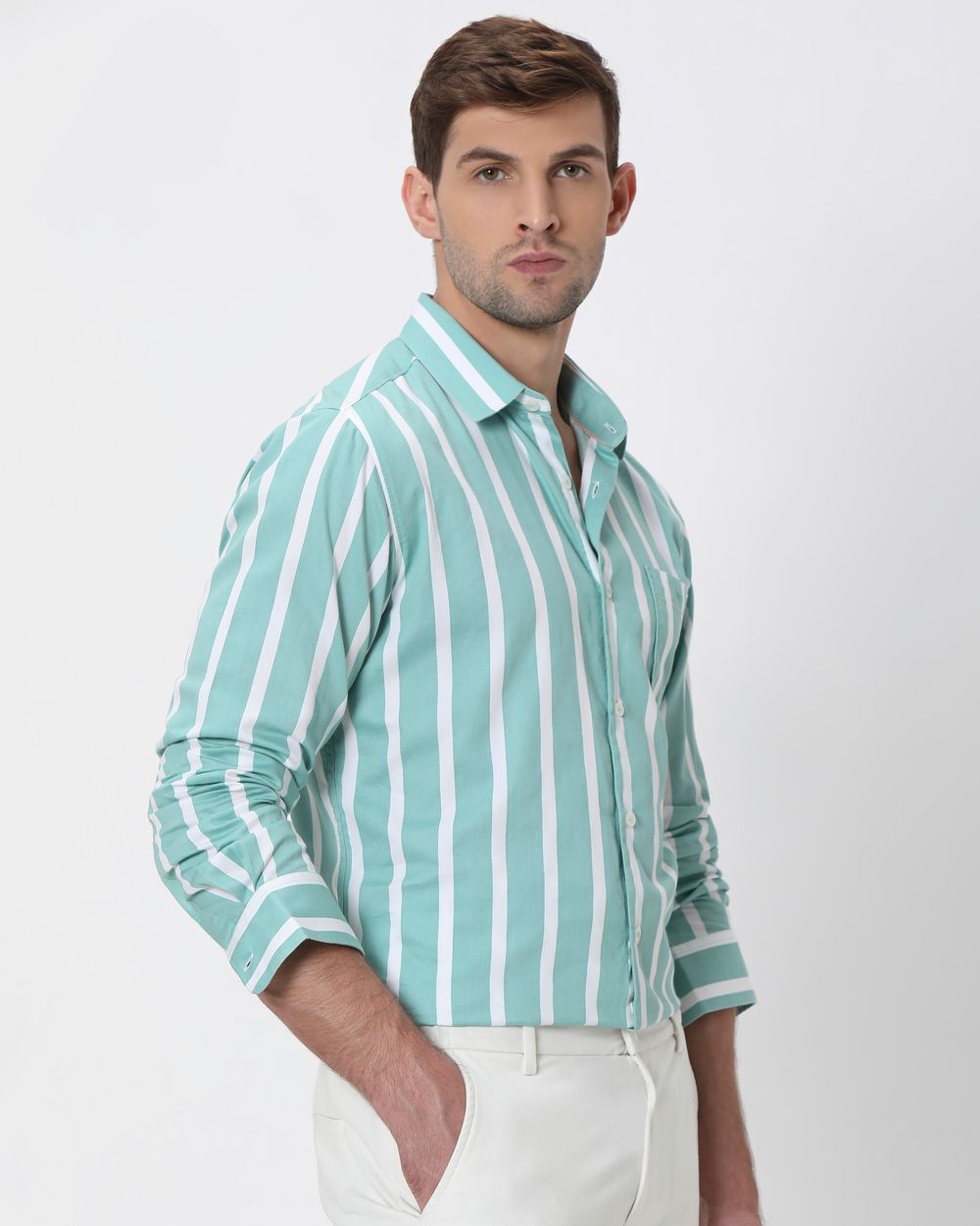 Teal Awning Stripe Slim Fit Casual Shirt