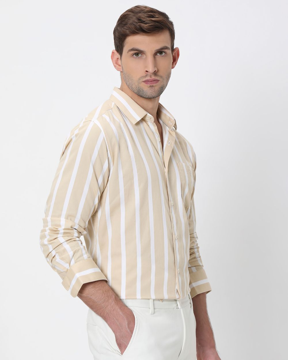 Beige Awning Stripe Slim Fit Casual Shirt