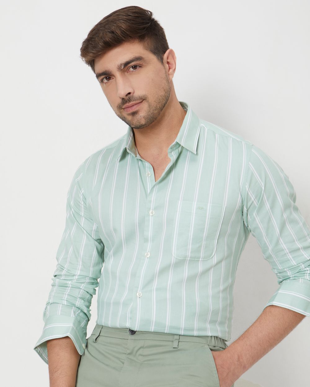 Light Green Candy Stripe Slim Fit Casual Shirt