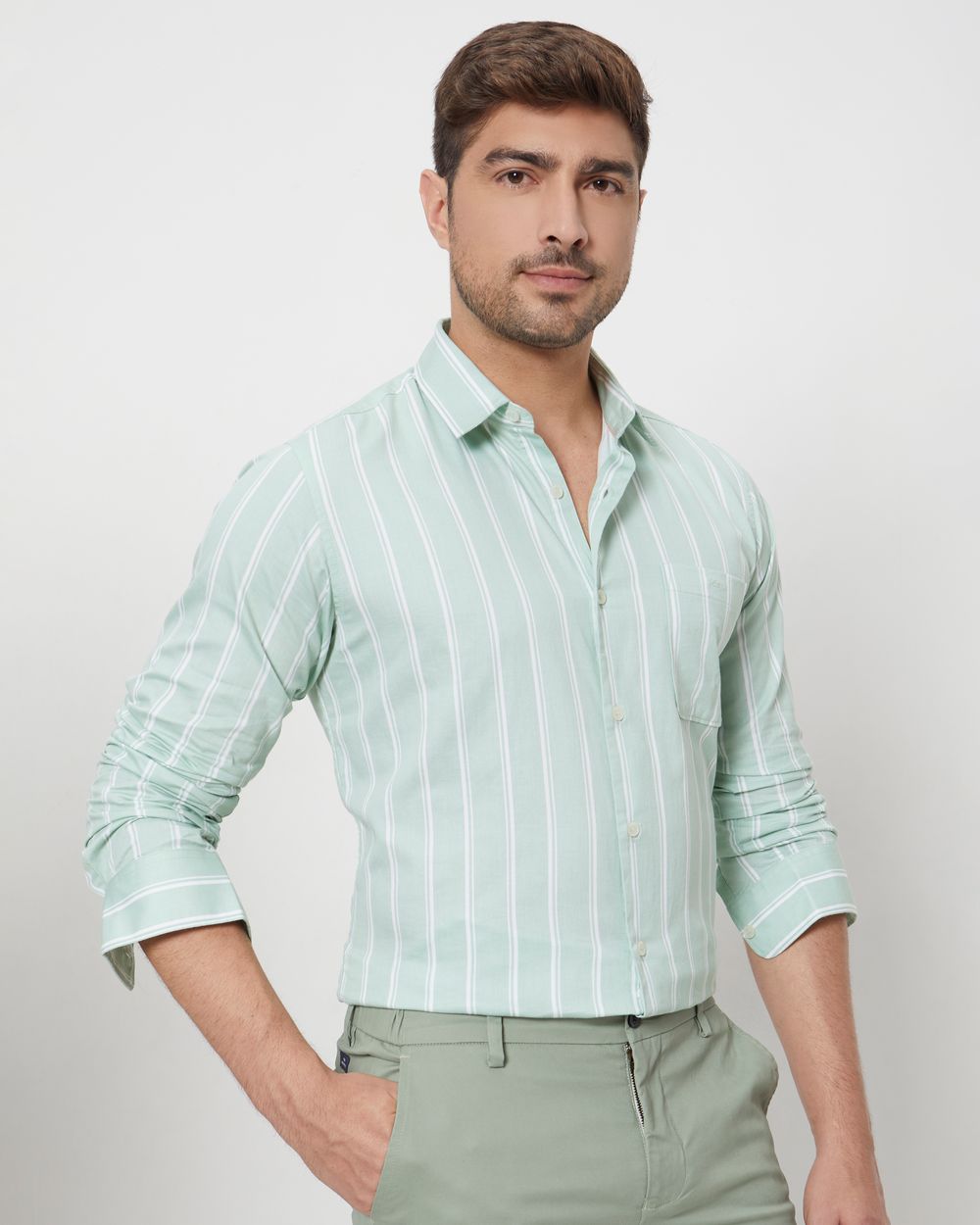 Light Green Candy Stripe Slim Fit Casual Shirt