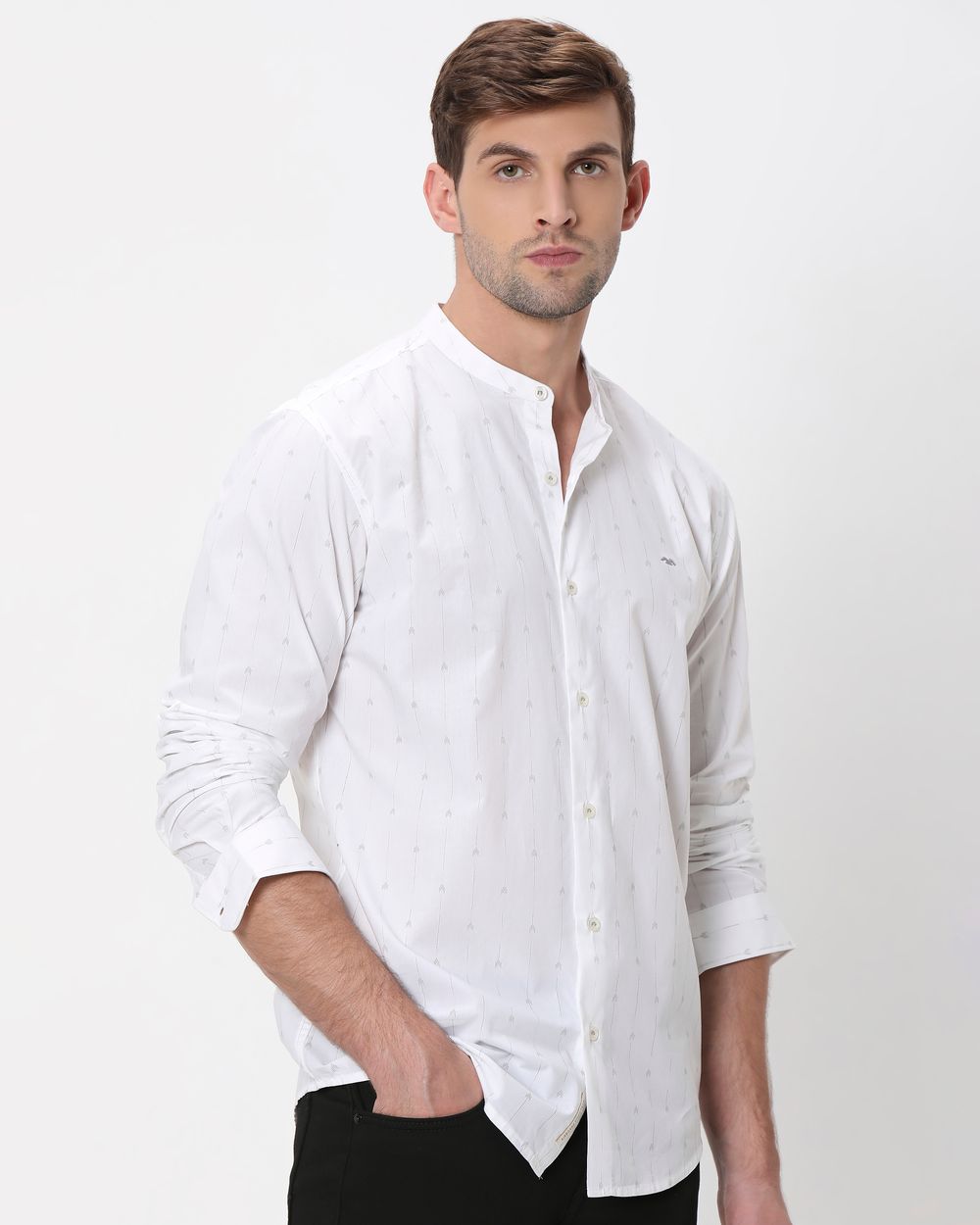 White Printed Stripe Slim Fit Casual Shirt