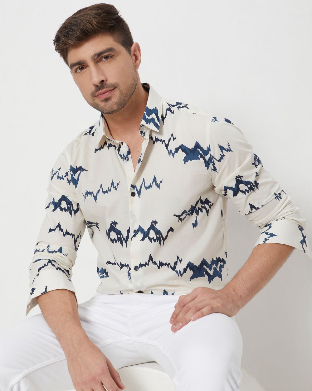Off White & Navy Abstract Print Slim Fit Casual Shirt