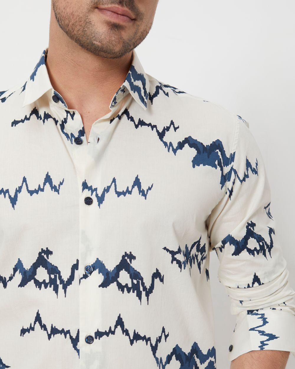 Off White & Navy Abstract Print Slim Fit Casual Shirt