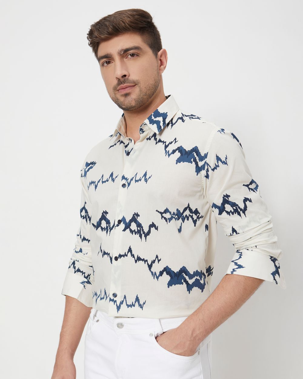 Off White & Navy Abstract Print Slim Fit Casual Shirt