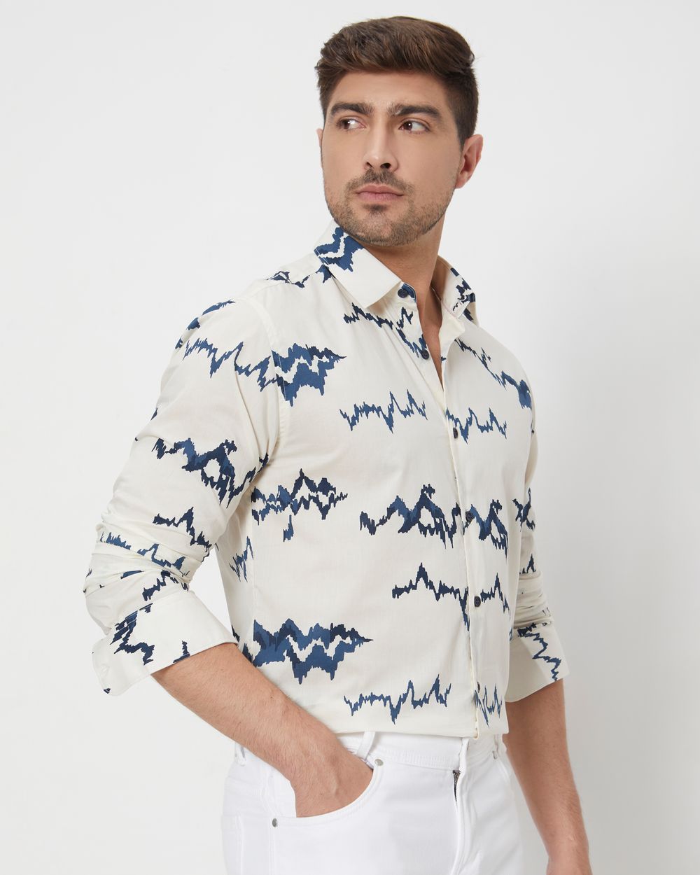 Off White & Navy Abstract Print Slim Fit Casual Shirt