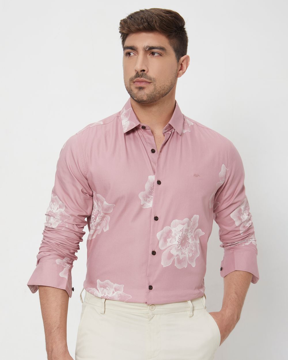 Pink Floral Print Slim Fit Casual Shirt