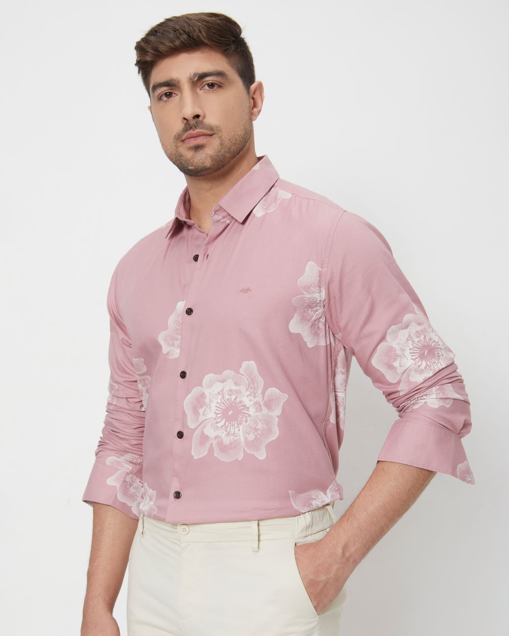 Pink Floral Print Slim Fit Casual Shirt