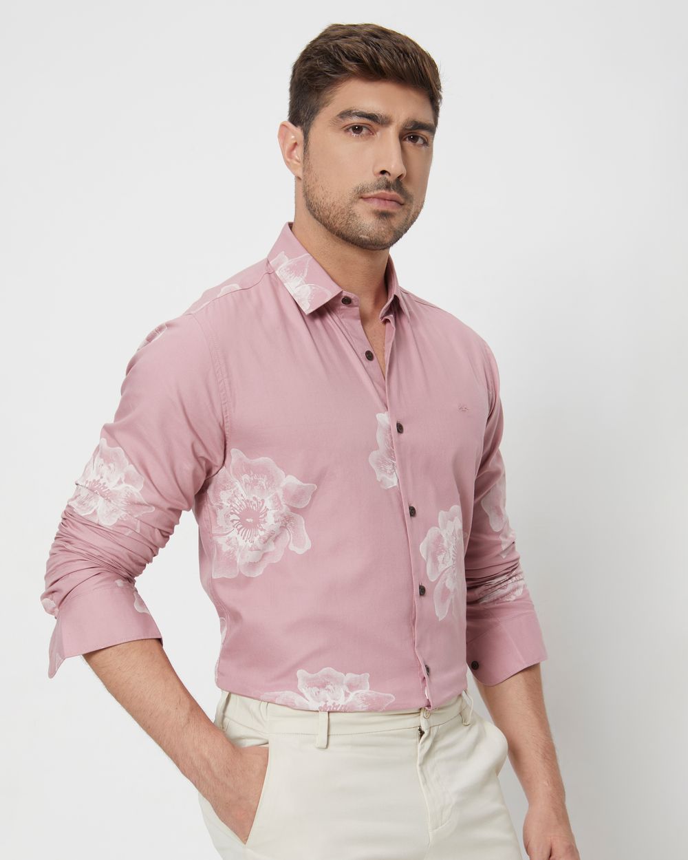 Pink Floral Print Slim Fit Casual Shirt