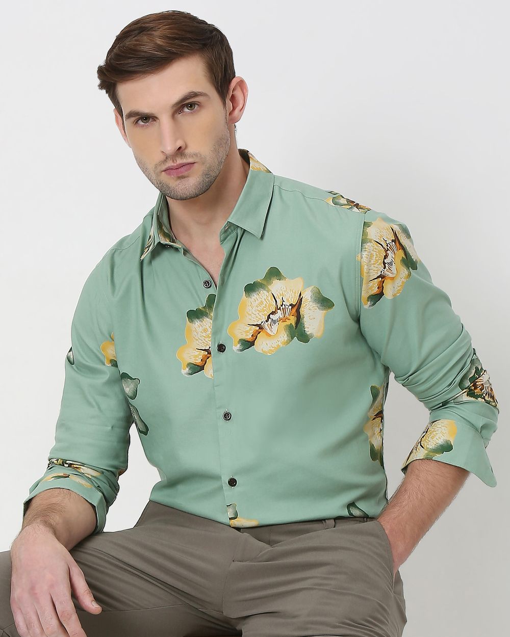 Light Olive & Yellow Floral Print Slim Fit Casual Shirt