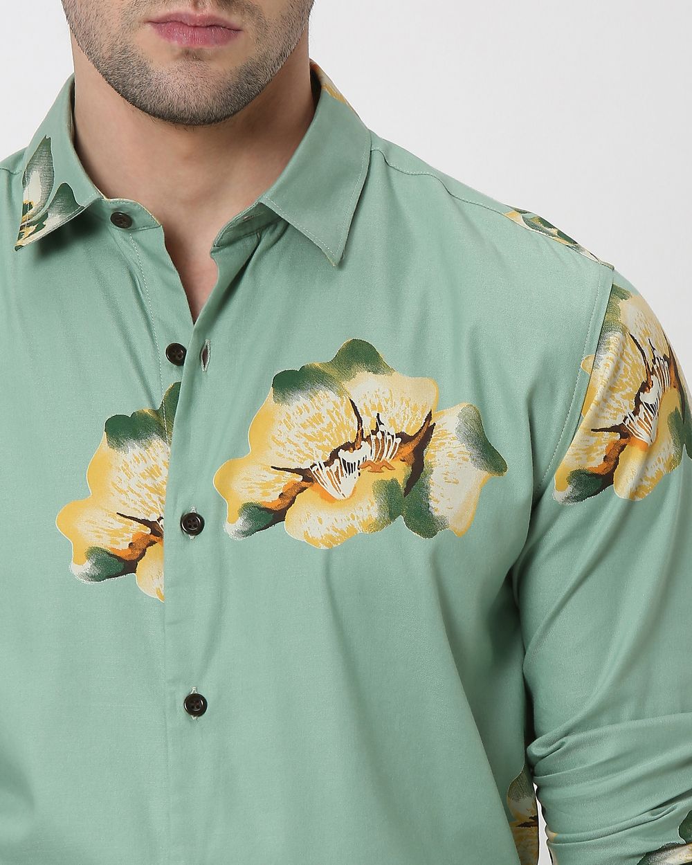 Light Olive & Yellow Floral Print Slim Fit Casual Shirt
