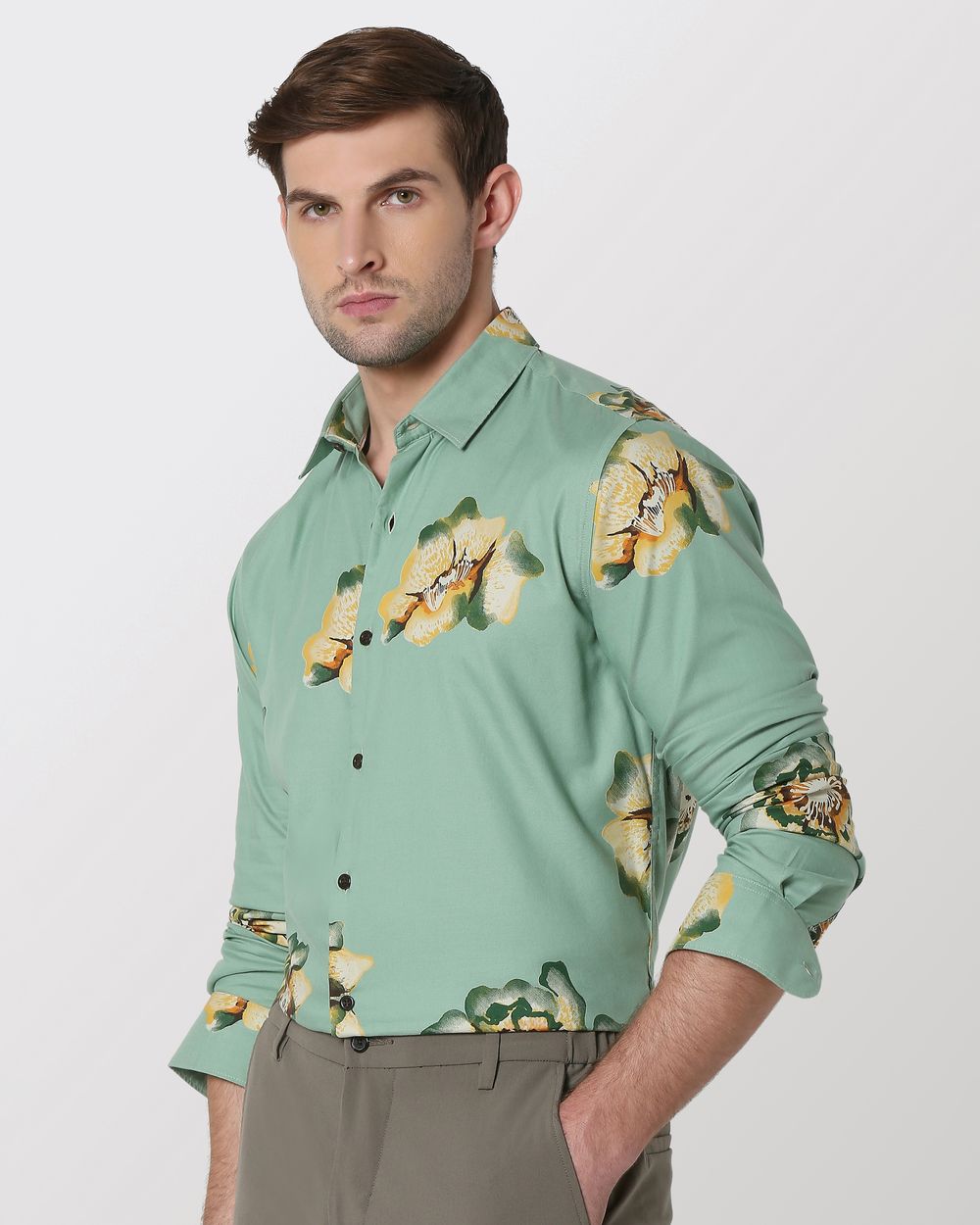 Light Olive & Yellow Floral Print Slim Fit Casual Shirt