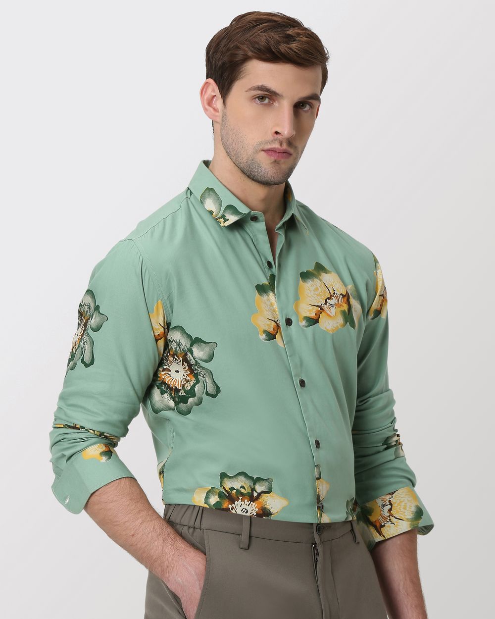 Light Olive & Yellow Floral Print Slim Fit Casual Shirt